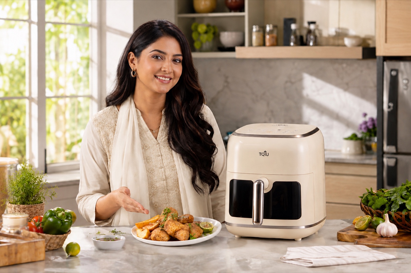 AI-generated concept scene featuring TQIU air fryer